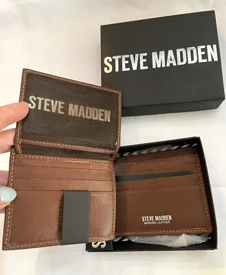 STEVE MADDEN MEN'S BROWN LEATHER WALLET with RFID TECHNOLOGY NEW (PP) * - Image 1 of 2