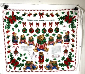 Peppermint Teddy Appliques Fabric Panel 35"x44" Christmas Bows Holly Bears - Picture 1 of 8