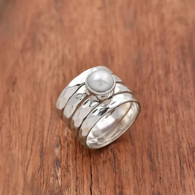 Hammered 925 Sterling Silver Wide Band Ring: Natural Pearl Ring Jewelry All Size - Image 1 of 4