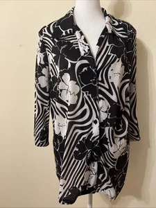 Allison Daley Women’s Abstract Floral Black & White Button Up 3/4 Sleeve Top 14 - Picture 1 of 7