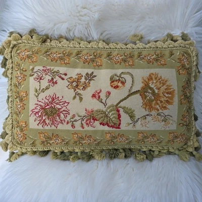 Vintage Katha Diddel Wool Needlepoint Floral Tassel Victorian Down Filled Pillow - Image 1 of 4