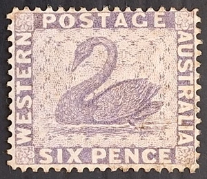 1882 Western Australia 6d Lilac Swan Stamp P14 WMK Crn/to Right of CA Mint £160. - Picture 1 of 2