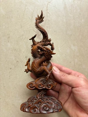 Estatua de dragón chino Lucky Loong escultura animal pulmón estatuilla talla de boj Foto 1 de 4