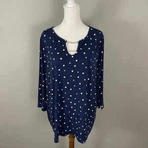 Chicos Knit Blouse Size 3 or XL Navy Blue Polka Dot Silver Metal Accents Top - Picture 1 of 10