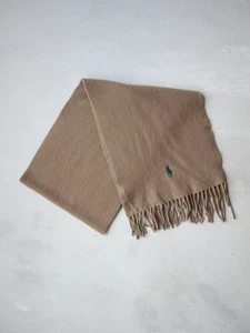 Vintage Polo Ralph Lauren 100% Lambswool Fringe Scarf Tan Preppy Made in Italy - Picture 1 of 5