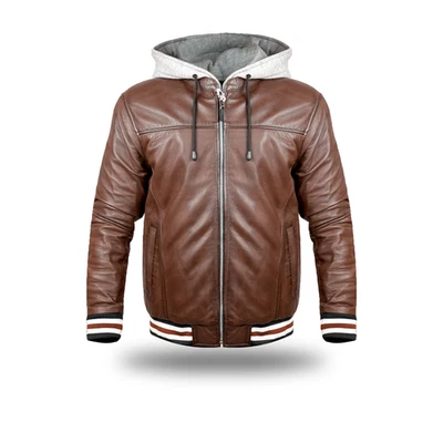 Men’s Brown Leather Bomber Jacket with Removable Gray Fleece Hoodie - Image 1 of 4