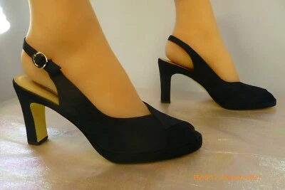 EUC  SAM & LIBBY 6.5 Black SILK Fabric LEATHER Sole SLINGBACK 3.25" BLOCK Heels - Image 1 of 4