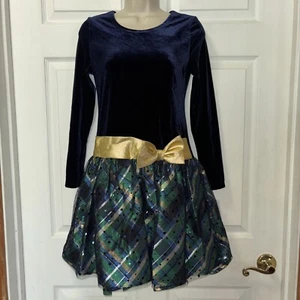 NWT BONNIE JEAN Girls 16 Holiday Dress Navy Velvet Green Plaid Bow LS Wedding - Picture 1 of 9