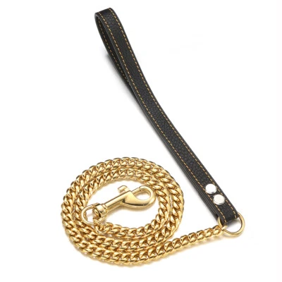 Heavy Duty Stainless Steel Curb Chain 4ftSoft Leather Handle For Walking Running - Image 1 of 4