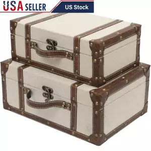 Vintage Decorative Trunk Set 2 Storage Box Antique Wood Keepsake Chest Stackable - Picture 1 of 6