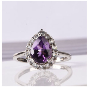 Beautiful 9ct White Gold Pear Shaped Amethyst And Diamond Ring Size R With Cert