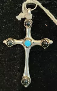 Vintage ZUNI Sterling Silver Turquoise & Black Onyx CROSS Pendent - Picture 1 of 2