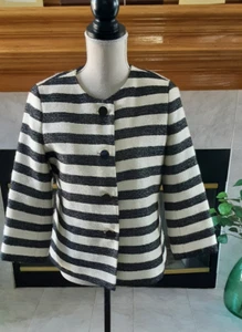 VINTAGE TALBOTS PETITES 10P BLACK/WHITE STRIPED BUTTON UP JACKET LINED - Picture 1 of 5