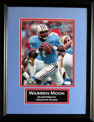 Warren Moon signed inscribed framed 8x10 photo NFL Houston Oilers JSA COA - Image 1 of 2
