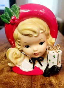 1962 Inarco Christmas Lady Head Vase E-194 Red Dress Hat W/Sprig Of Holly Gift - Picture 1 of 13