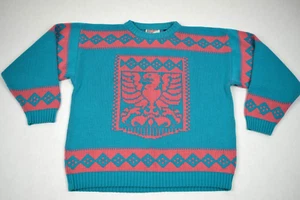 Sweater VTG Beaux Arts 70s 80s Teal Pink Trim Phoenix Rising Acrylic Sweater S/M - Picture 1 of 8