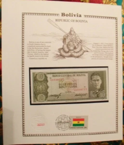Bolivia Banknote 10 Pesos 1962 P 154 UNC w ith UN FDI FLAG STAMP prefix U - Picture 1 of 3