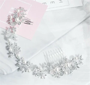 Women Lady Wedding Bride Crystal Butterfly Pearl Hair Head Comb Silver Chain Pin - Bild 1 von 11