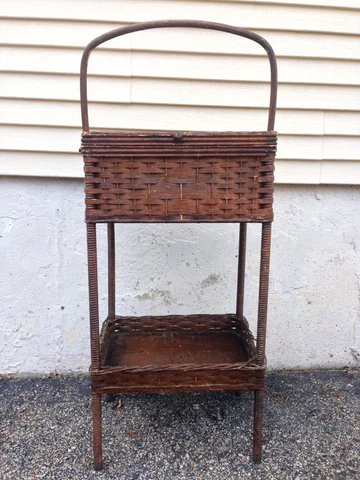 Antique Heywood Wakefield Rattan Wicker Sewing Stand Table ( 27.25" Tall ) Cover
