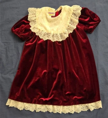 Vintage Emily West Girls Dress Size 6X Maroon Red Velvet Valour Bib Lace Holiday - Image 1 of 4