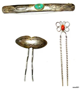 Set 3 J Tulley handgefertigt Navajo Hopi Sterling Haarschmuck Haarspange Türkis - Bild 1 von 9