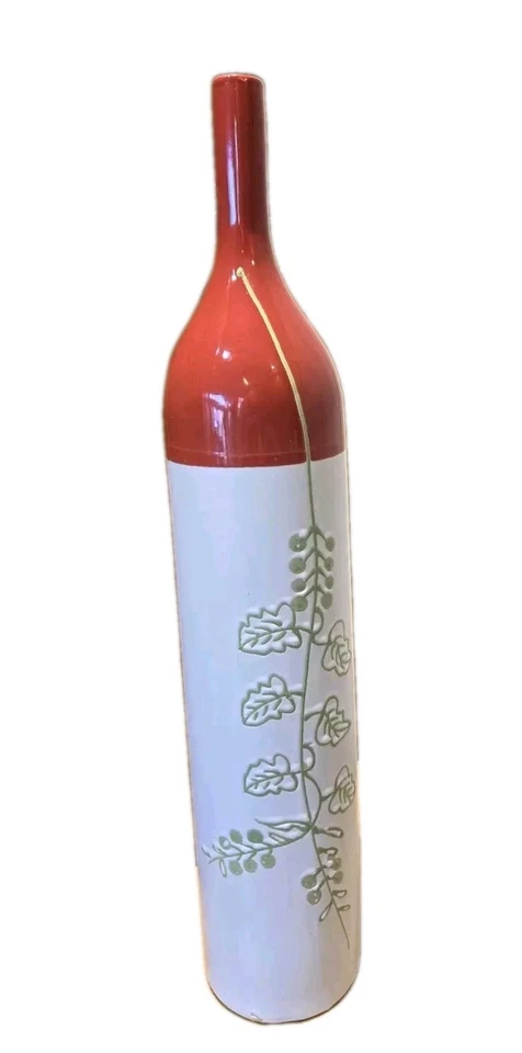 Ceramic Floor Vase 23.5" Tall White Green Rustic Red for Flowers or Solo Art Pc - Image 1 of 4