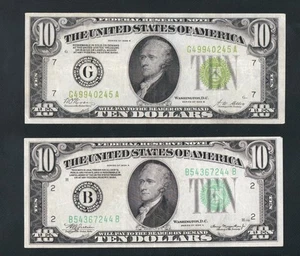 GORGEOUS PAIR 1928B $10 AND 1934A $10 FEDERAL RESERVE NOTES. YOU GET BOTH. - Picture 1 of 2