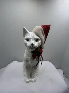 Sombrero de Navidad vintage Enesco blanco iridiscente sentado 8,5" gato mirando hacia arriba - Imagen 1 de 9