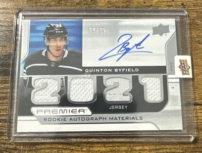 21-22 UD Premier Hockey Rookie Auto Materials Quinton Byfield PRA-QB #/25 - Image 1 of 2