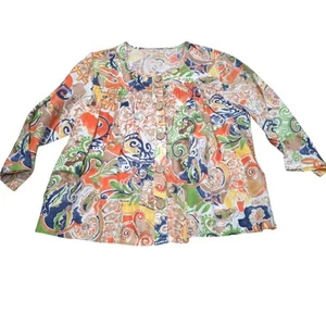 Choices Wood Button Up Shirt Blouse Women Size L 100% Linen Floral Art To Wear - Picture 1 of 5