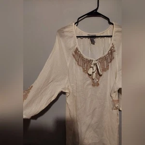 Top tunica Catherines Boho contadina ricamata con perline 2x panna manica 3/4 spiaggia - Foto 1 di 10