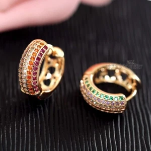 9K ROSE GOLD FILLED 5-Row GEM CRYSTAL CHUNKY BAND 15MM ROUND HOOP EARRINGS GIFT - Picture 1 of 6