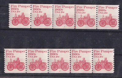 US #1908, Fire Pumper coil, 2 Plate Number Strips of 5, Plate #3+#4, MNH - Image 1 of 3
