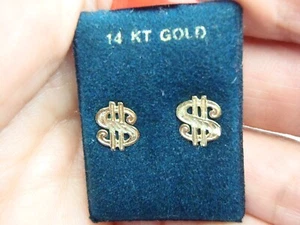 Solid 14k Yellow Gold Dollar Sign Earrings Small Dainty 8mm x 7mm New - Picture 1 of 16