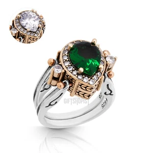 Turkish Reversible Drop Emerald and White Topaz 925 Sterling Silver Ring - Picture 1 of 12