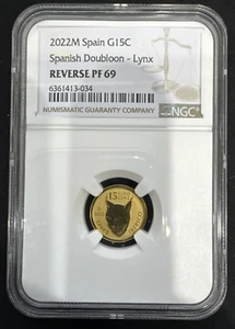 2022 M Spain Spanish Doubloon - Lynx Gold 15 Euro Cent Reverse PF 69 NGC 1/10 oz - Picture 1 of 7