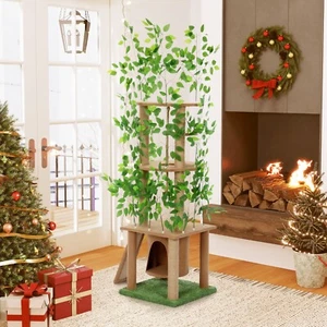 Cat Tree with Green Leaves and Scratching Post Cat House for Climbing Sleeping - Picture 1 of 15