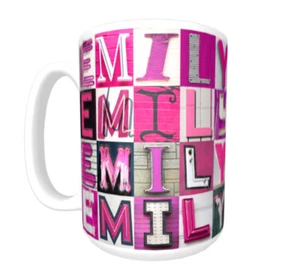 EMILY Kaffeebecher / Tasse mit dem Namen auf Fotos von rosa Zeichenbuchstaben - Bild 1 von 3
