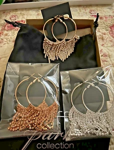 OFF PARK (R) COLLECTION WHITE AND PEACH CRYSTAL GOLD TONE SILVER TONE FRINGE EAR - Picture 1 of 5
