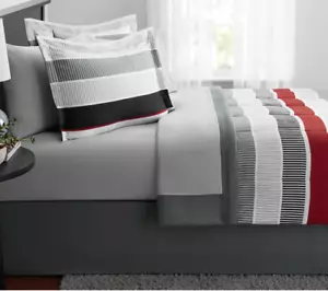New 8 Piece King Size Comforter Set Red Grey Bedding With Sheets Bed Skirt - Picture 1 of 4