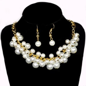 Statement Perlen Set Hochzeit Schmuckset Collier Kette Perlenkette Ohrringe weiß - Bild 1 von 1