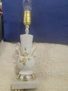 Vtg. Italian Porcelain 12" Bedroom Lamp w/ Carrara Marble base. Yellow Rose Buds - Picture 1 of 2