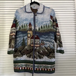 Vtg Blair Tapestry Jacket Womens M Lighthouse Christmas Winter Nautical Anchor - Picture 1 of 17