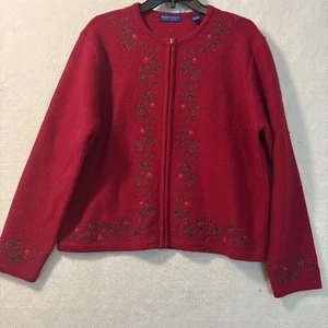 Vintage Karen Scott Weihnachts Strickjacke Pullover L Wolle bestickt Holly Holiday - Bild 1 von 10