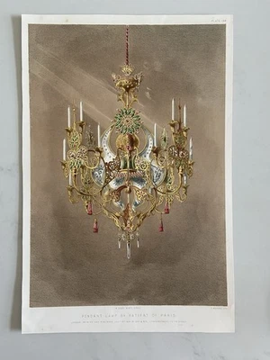 Antigua impresión textil victoriana - Lámpara colgante de Matifat de París (1853)   Foto 1 de 4