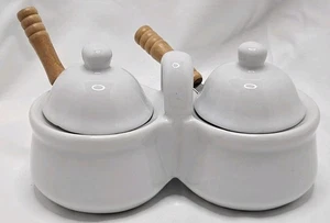 Vtg HH White Ceramic Double Condiment Jam Jelly Jar Set w/ Lids and Spoons  - Picture 1 of 11