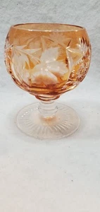 Böhmischer Schliff auf klarem Kristall rötlich orange Wein/Sherryglas geringelter Stiel - Bild 1 von 5