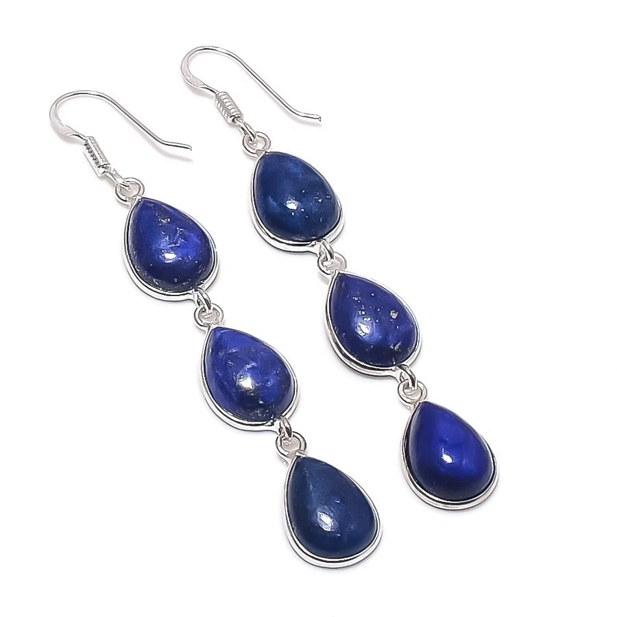 Blue Lapis Lazuli Gemstone Handmade 925 Sterling Silver Jewelry Earring Size 3" - Image 1 of 1