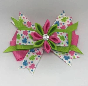 St Patrick's Day Clover Kanzashi Flower Jeweled Layered Hair Bow 4 1/2" - Picture 1 of 1