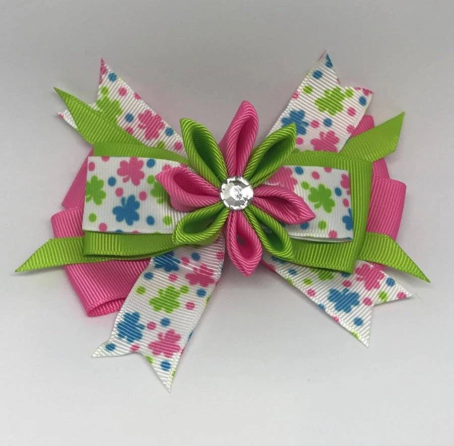 St Patrick's Day Clover Kanzashi Flower Jeweled Layered Hair Bow 4 1/2" - Image 1 of 1